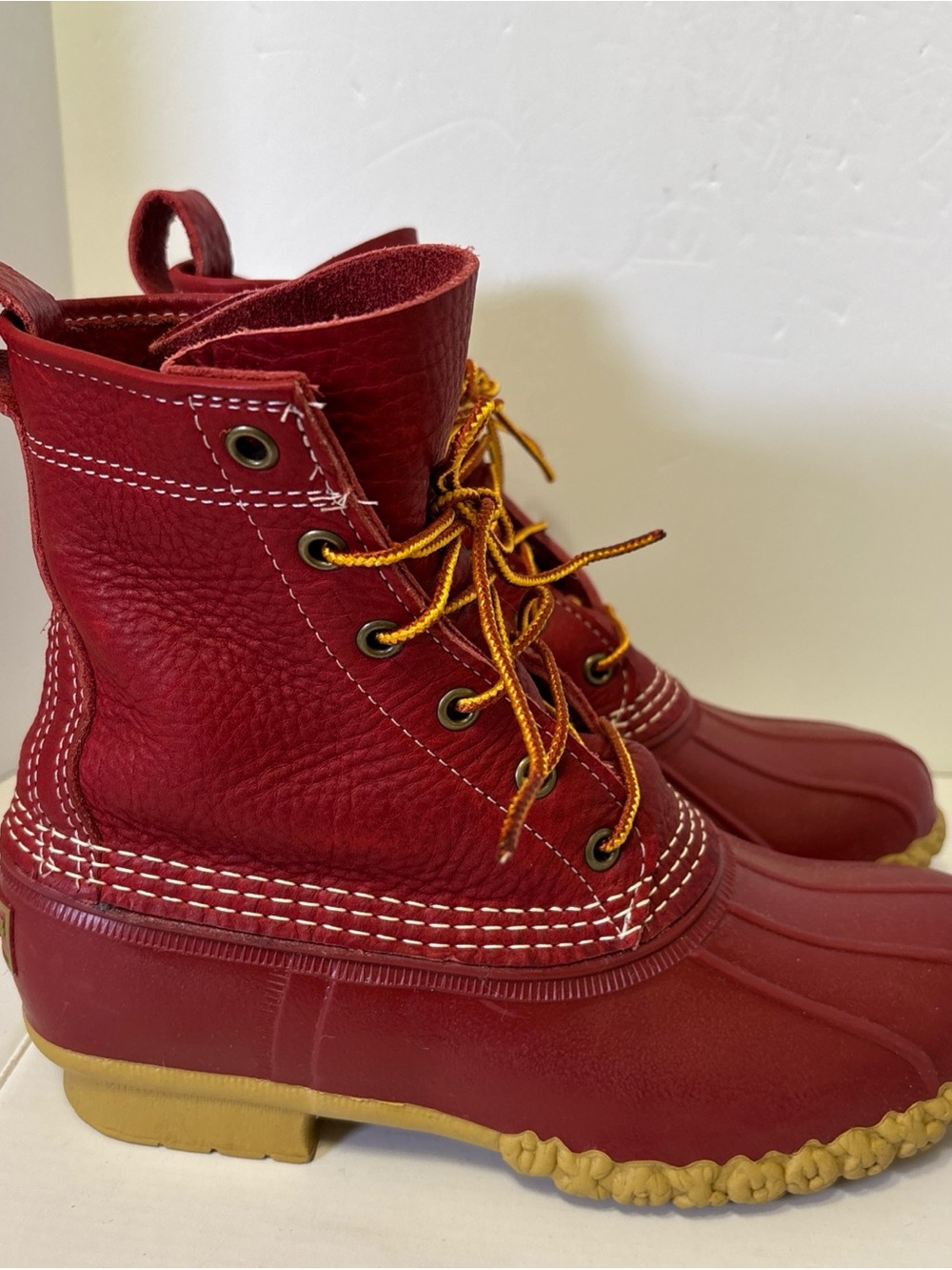 L.L. Bean Limited Edition Red Leather Duck Boots with Tan Soles. GUC. Size 7M.